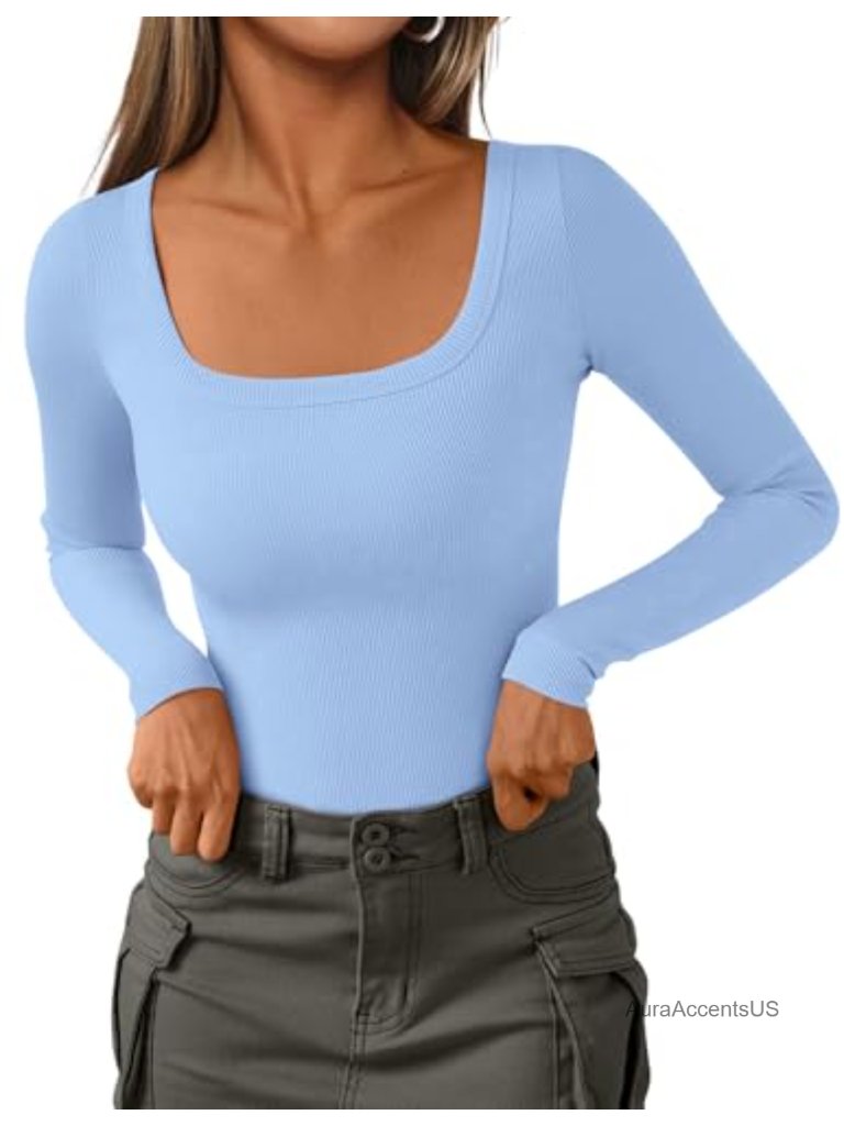 Long Sleeve Ribbed Knit Scoop Neck T-Shirt For Women - Soft Stretchy Basic Tee,
